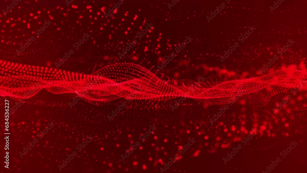 Flowing red dots and particles on a red background. Abstract digital ...