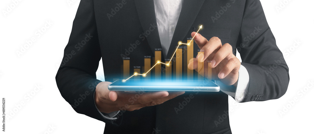 Businessman plan graph growth and increase of chart positive indicators ,tablet in hand Businessman plan graph growth and increase of chart positive indicators ,tablet in hand