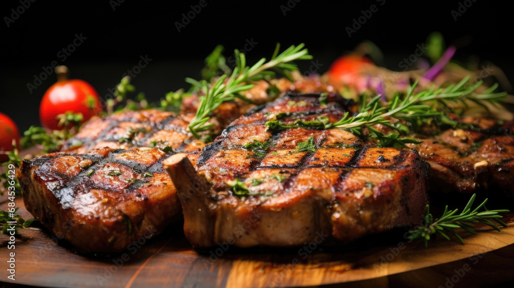 Delicious herb roast pork served with vegetables and tomatoes on a wooden cutting board Delicious herb roast pork served with vegetables and tomatoes on a wooden cutting board