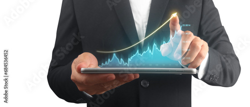 Businessman plan graph growth and increase of chart positive indicators ,tablet in hand