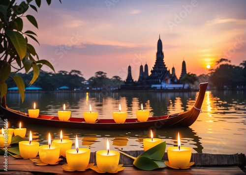 Close up Loy krathong welcome to tourism of thailand koh kret nonthaburi thailand festival on bokeh background
  photo