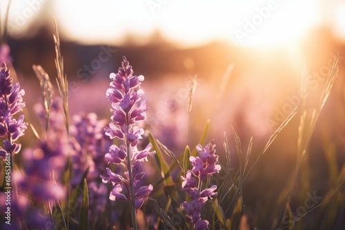 A bright summer meadow filled with blooming purple lupine flowers, bathed in warm sunlight. photo