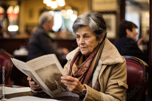 Elderly woman, smiling grandmother enjoying the day in a cafe and reading a newspaper.