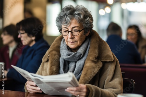Happy elderly woman reading the press indoors.