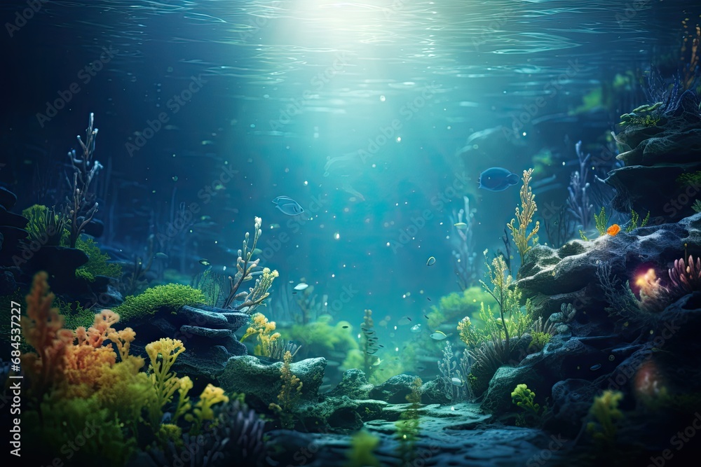 Fototapeta premium Beneath the ocean's surface, a vibrant aquatic world thrives - coral reefs, diverse marine life and tranquility.