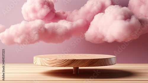 Woodem Podium for product, isolated on pink background with fluffy clouds photo