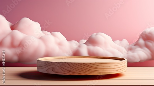 Woodem Podium for product, isolated on pink background with fluffy clouds photo