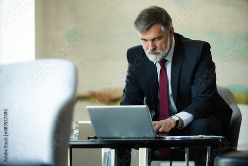 Mature businessman working on laptop. Handsome mature business leader sitting in a modern office.