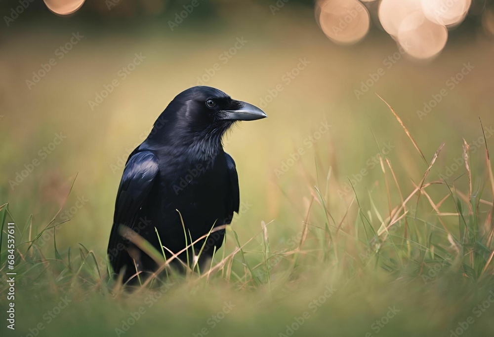Fototapeta premium AI generated illustration of a black crow perched on lush green grass