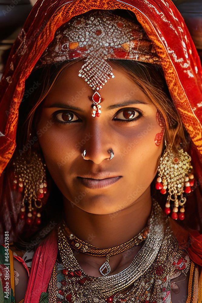 Attractive Indian woman portrait wearing traditional sari and jewelery