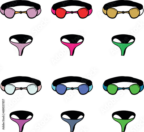 Cartoon collection of women's swimsuit in the form of a bodice and panties of different colors.