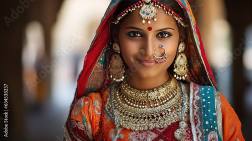 Attractive Indian woman portrait wearing traditional sari and jewelery photo
