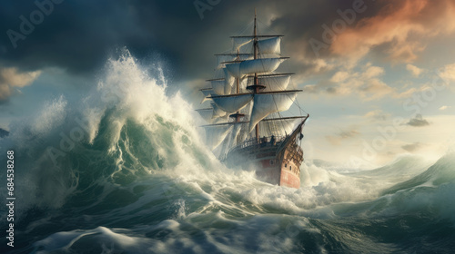 vintage sailing ship with the bow of the ship in the middle of the sea with a storm , big waves with foam, and beautiful clouds created with Generative AI Technology