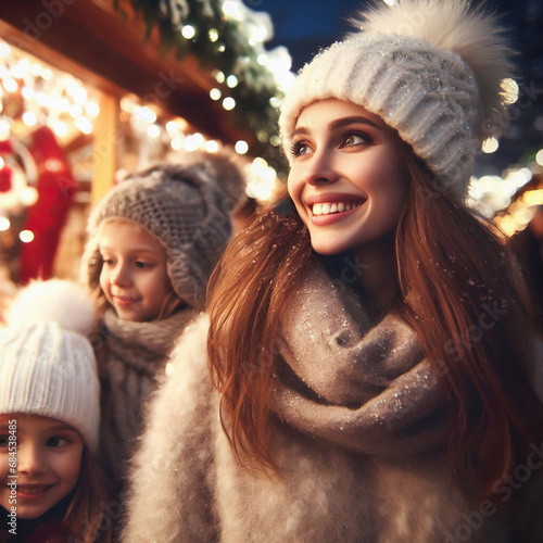 Young happy woman with children at the Christmas market