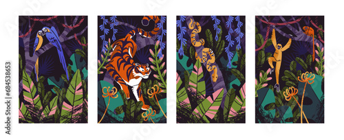 Jungle flora and fauna set. Tropical animal in rainforest: tiger, monkey, snake, blue macaw. Amazon parrots, exotic python on tree. Golden marmoset, gibbons in palm leaves. Flat vector illustration