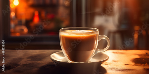  Captivating Morning Coffee Illustration on a Warm Wooden Table Setting , Hot Art Latte Coffee in a Cup on Wooden Table, Surrounded by Coffee Shop Blur and Bokeh Magic generative AI