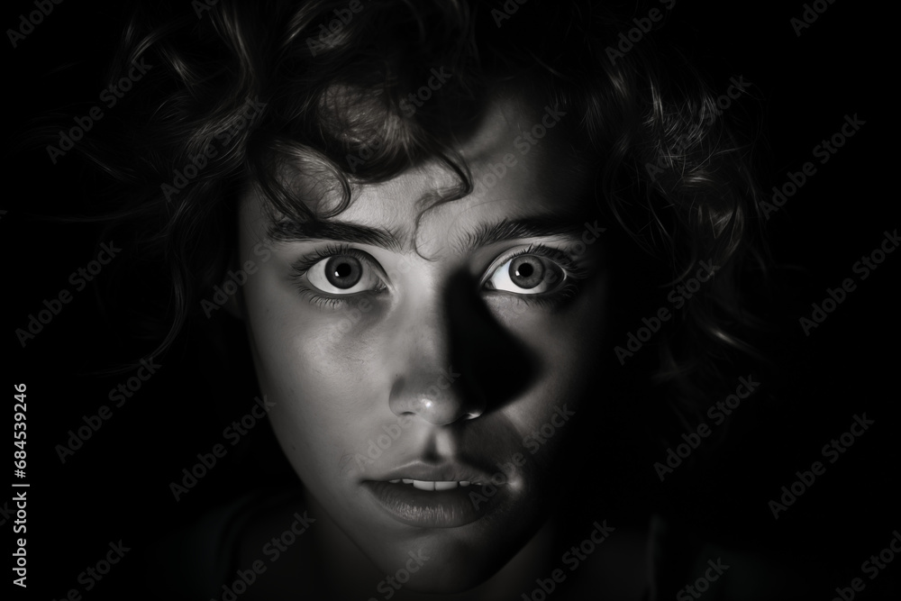 Captivating Gaze: Intensely Expressive Portrait of a Young Woman Against a Black Background, Piercing Look in Monochrome, Emphasizing the Depth of Emotion Captivating Gaze: Intensely Expressive Portrait of a Young Woman Against a Black Background, Piercing Look in Monochrome, Emphasizing the Depth of Emotion
