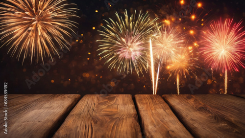 new year theme with firework on background wwith wood textured photo