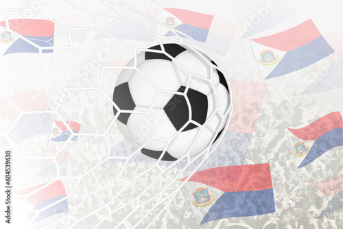 Wallpaper Mural National Football team of Sint Maarten scored goal. Ball in goal net, while football supporters are waving the Sint Maarten flag in the background. Torontodigital.ca