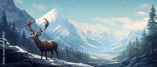 Deer stag in mountain peaks Winter landscape