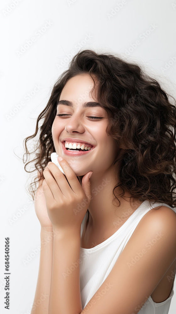 Beautiful smiling teenage woman in white shirt touching her face isolated on white background Beautiful smiling teenage woman in white shirt touching her face isolated on white background