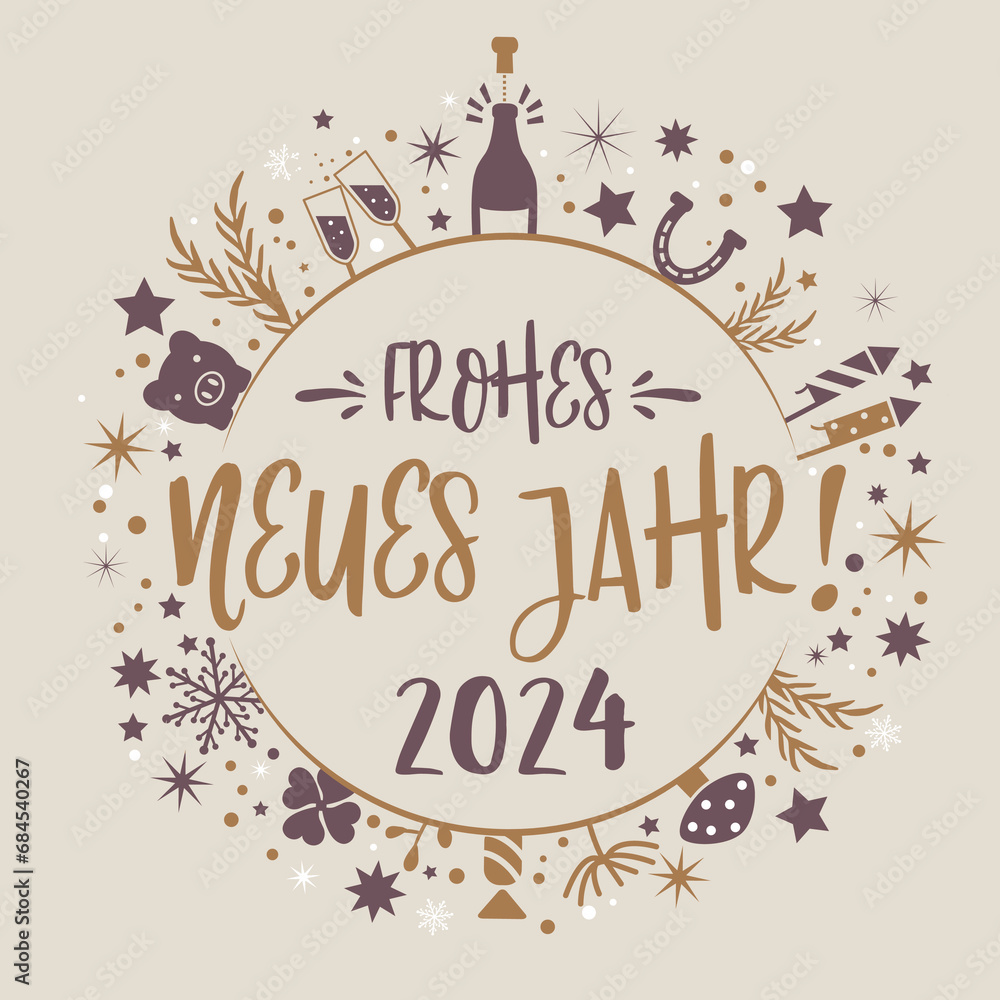 Frohes neues Jahr 2024 Neujahrsgrüße Kalligraphie mit Symbolen und deutschem Text - beige, gold und rotbraun