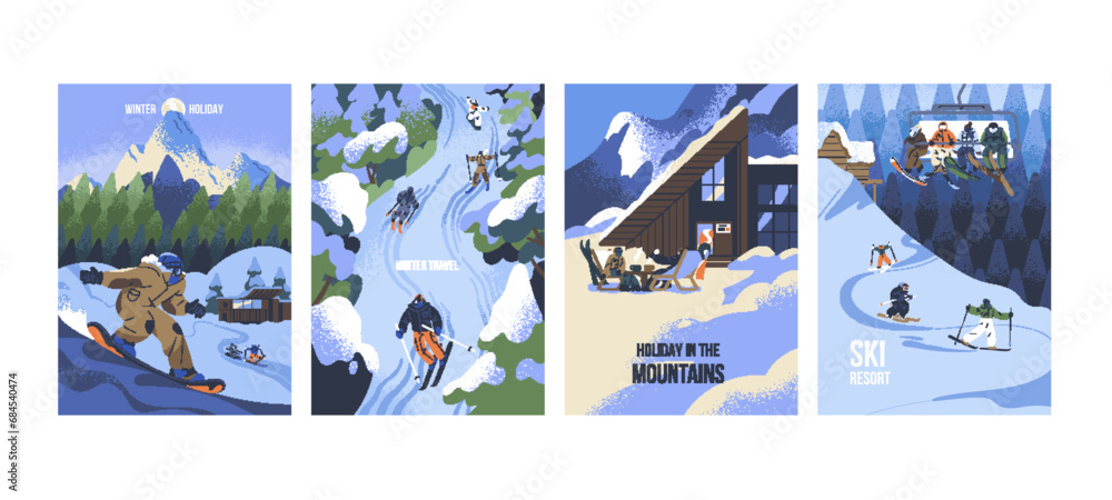 Person snowboarding on mountain. People skiing on track, slope. Group of characters lifts on cable cars, funicular. Holidays in winter resort. Snow vacation. Sport tourism. Flat vector illustration