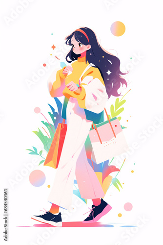 Woman holding shopping bags shopping in mall  e-commerce promotional shopping illustration
