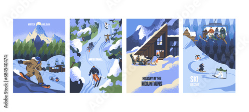 Person snowboarding on mountain. People skiing on track, slope. Group of characters lifts on cable cars, funicular. Holidays in winter resort. Snow vacation. Sport tourism. Flat vector illustration