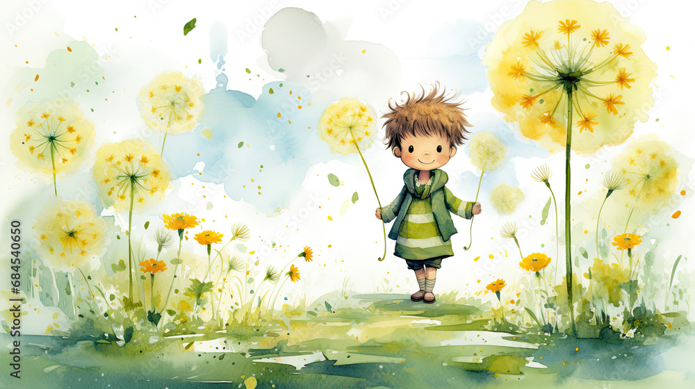 watercolor cartoon cute dandelion flowers and bear in winter Christmas in light green and yellow color style created with Generative AI Technology
