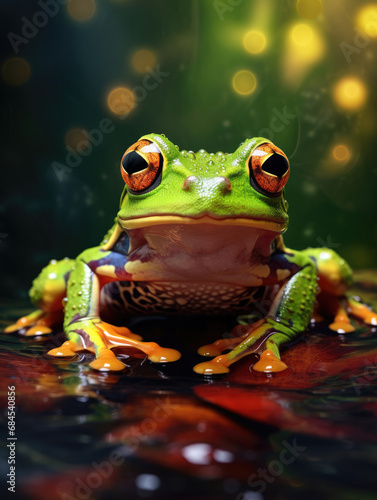 macro closeup detail photo of green frog standing on a rock near a river created with Generative AI Technology © AstraNova