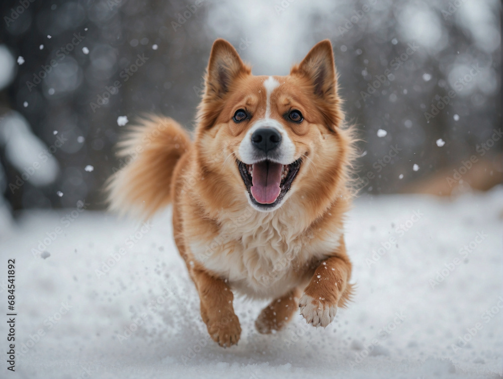 Portrait of a happy dog enjoying the snow.