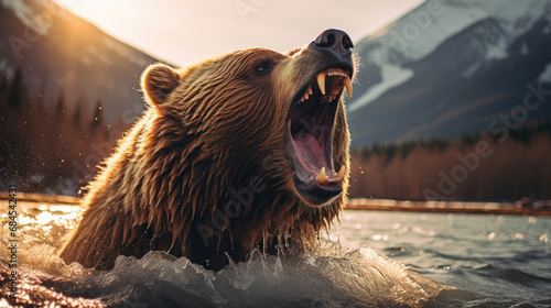 Brown grizzly bears roar in the middle of a fast flowing river water with views of forests and mountains created with Generative AI Technology