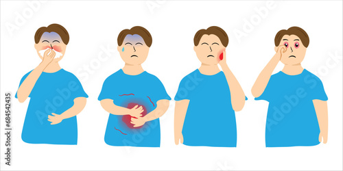 Sick boy, fever, flu, runny nose, sakit perut, toothache, and others. vector illustration isolated on white background