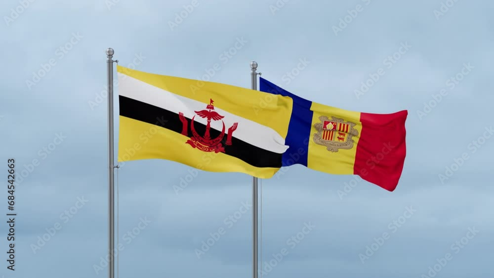 Brunei flag and Andorra flag waving together on cloudy sky, endless seamless loop Brunei flag and Andorra flag waving together on cloudy sky, endless seamless loop