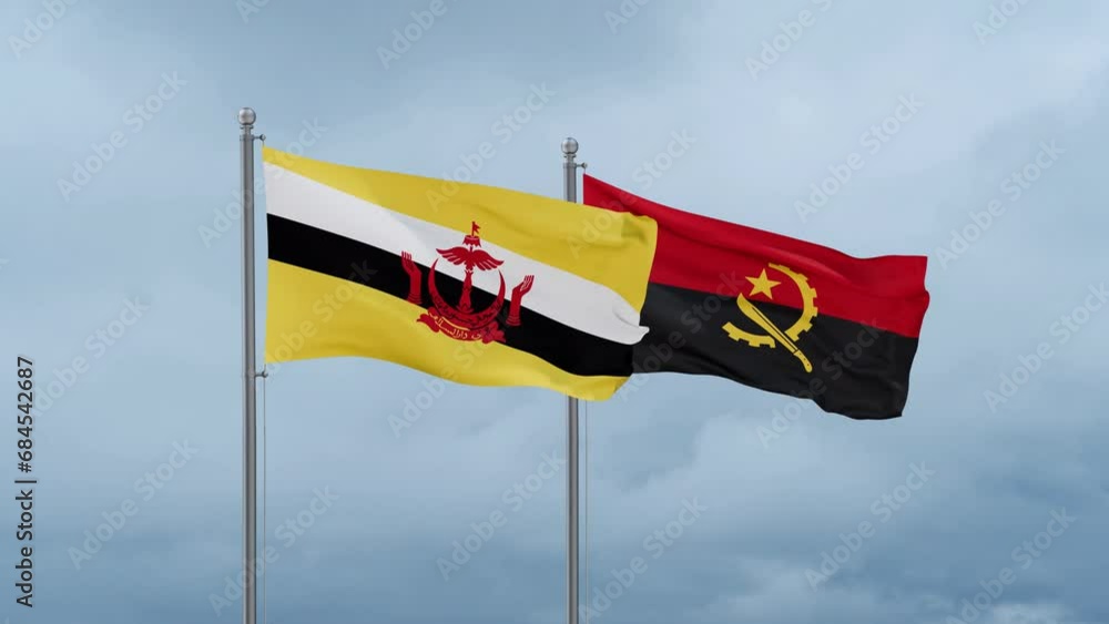 Brunei flag and Angola flag waving together on cloudy sky, endless seamless loop Brunei flag and Angola flag waving together on cloudy sky, endless seamless loop