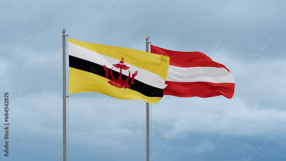 Austria flag and Brunei flag waving together on cloudy sky, endless seamless loop, two country relations concept Austria flag and Brunei flag waving together on cloudy sky, endless seamless loop, two country relations concept