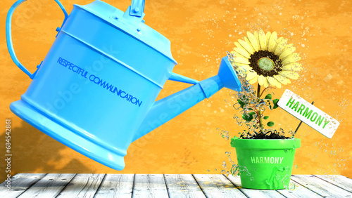 Respectful communication grows harmony. A metaphor in which respectful communication is the power that makes harmony to grow. Same as water is important for flowers to blossom.,3d illustration