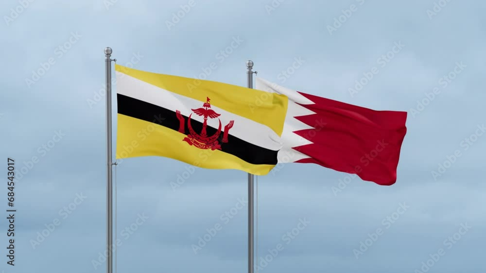 Bahrain flag and Brunei flag waving together on cloudy sky, endless seamless loop, two country relations concept Bahrain flag and Brunei flag waving together on cloudy sky, endless seamless loop, two country relations concept