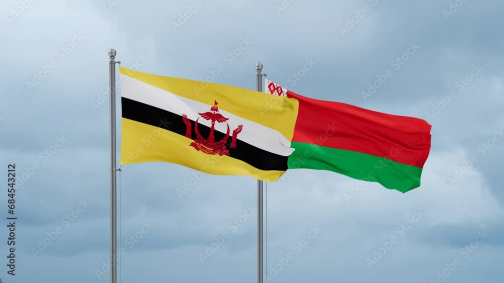 Belarus and Brunei flag waving together on cloudy sky, endless seamless loop, two country cooperation concept Belarus and Brunei flag waving together on cloudy sky, endless seamless loop, two country cooperation concept