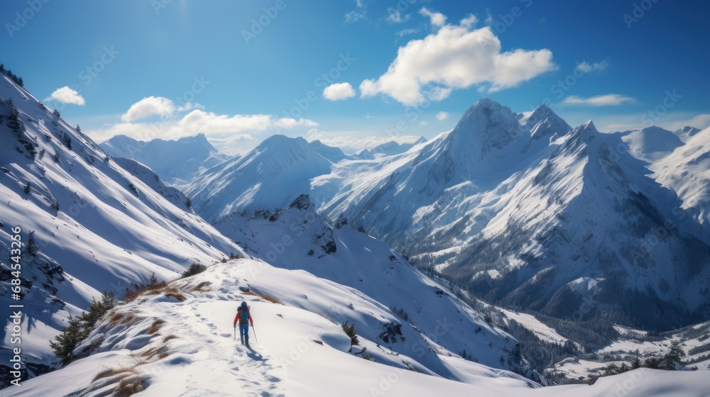 a man walks along a snowy plain in snowy mountains, active recreation, banner, copy space, back view