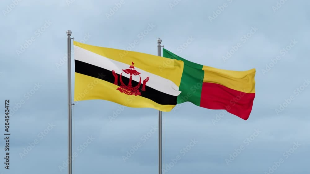 Brunei flag and Benin flag waving together on cloudy sky, endless seamless loop Brunei flag and Benin flag waving together on cloudy sky, endless seamless loop