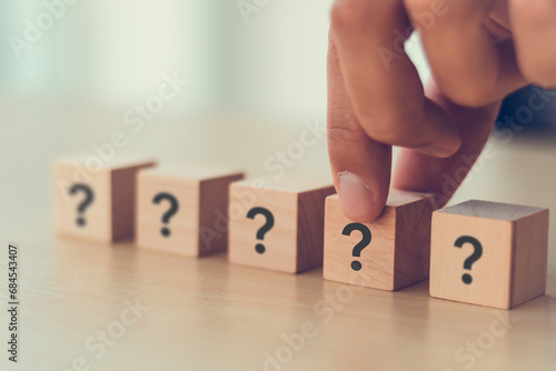 Question mark, questions, problems and root cause analysis, solutions, confused, thinking, brainstorming or problem solving, making decision, finding answer. FAQ frequently asked questions, answers. photo