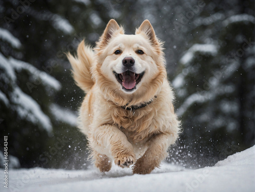 A happy furry white dog running in the snow. © SKOPUS DRON