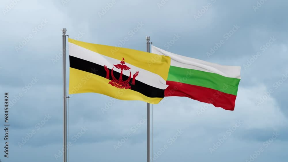 Bulgaria flag and Brunei flag waving together on cloudy sky, endless seamless loop, two country relations concept Bulgaria flag and Brunei flag waving together on cloudy sky, endless seamless loop, two country relations concept