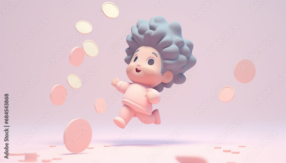 Boy jumping with money coins 3D animation. Busy kids entrepreneurs work with money illustration. Cartoon cute boy happy with coins, pastel colored pink background. Concept saving,earning money Boy jumping with money coins 3D animation. Busy kids entrepreneurs work with money illustration. Cartoon cute boy happy with coins, pastel colored pink background. Concept saving,earning money