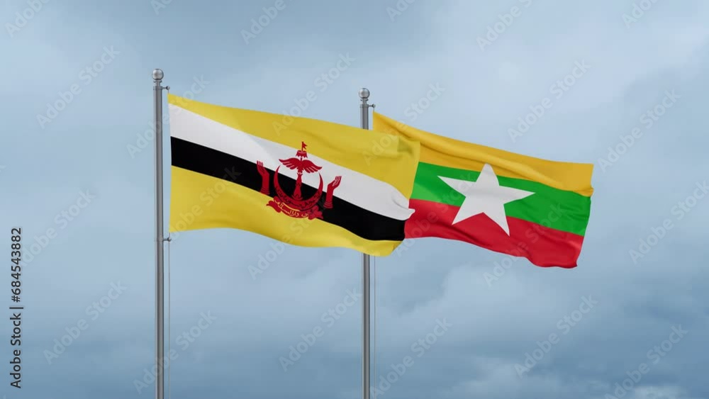 Myanmar aka Burma flag and Brunei flag waving together on cloudy sky, endless seamless loop, two country relations concept Myanmar aka Burma flag and Brunei flag waving together on cloudy sky, endless seamless loop, two country relations concept