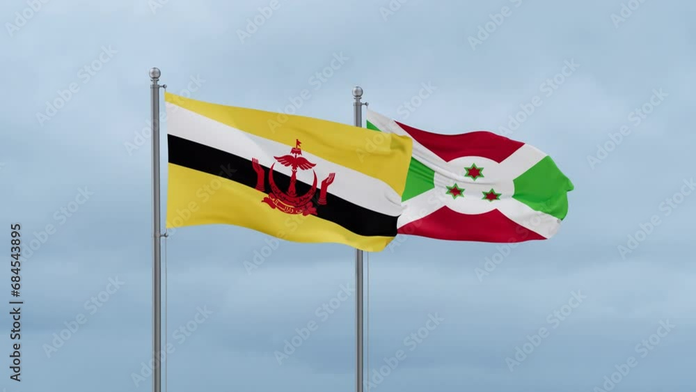 Burundi flag and Brunei flag waving together on cloudy sky, endless seamless loop, two country relations concept Burundi flag and Brunei flag waving together on cloudy sky, endless seamless loop, two country relations concept
