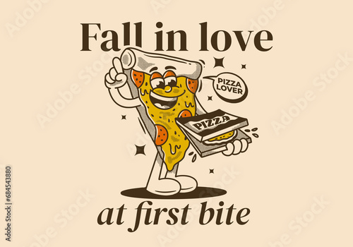 Fall in love at first bite. Character of pizza holding a box pizza