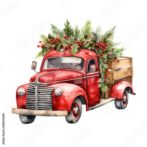 watercolor Vintage Red Christmas classic Truck carrying a Christmas tree on a white background created with Generative AI Technology